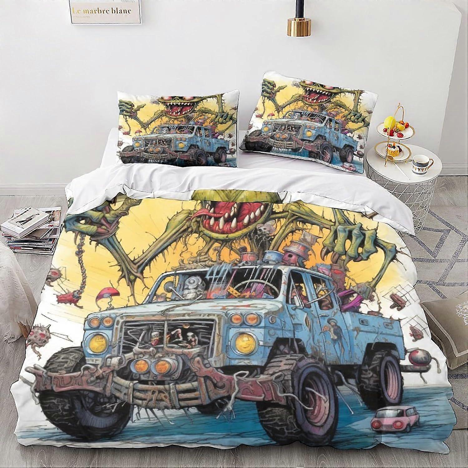 LikeEj Monster Påslakan Tecknad Tryckdesign Sängkläder Set Mjuk Mikrofiber Med Dragkedja Stängning Vintage Bil Täcke Örngott Dubbel