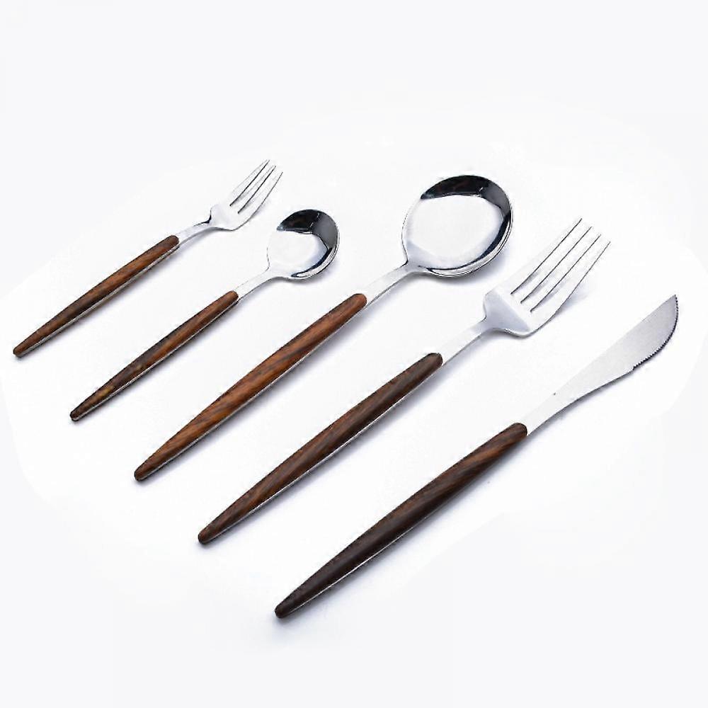 Wood Handle Silverware Flatware,Gold Silver Dinner Spoons, Knife And Fork Set Fruit Fork Stir Small Spoon Tableware