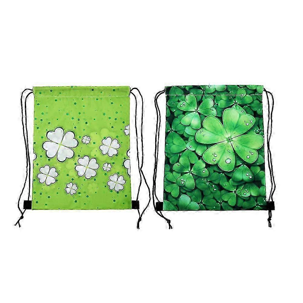 2pcs St Patricks Day Clover Printed Bundle Bag Polyester Storage Bag Party Backpack Pouch Gift Bag Random Pattern