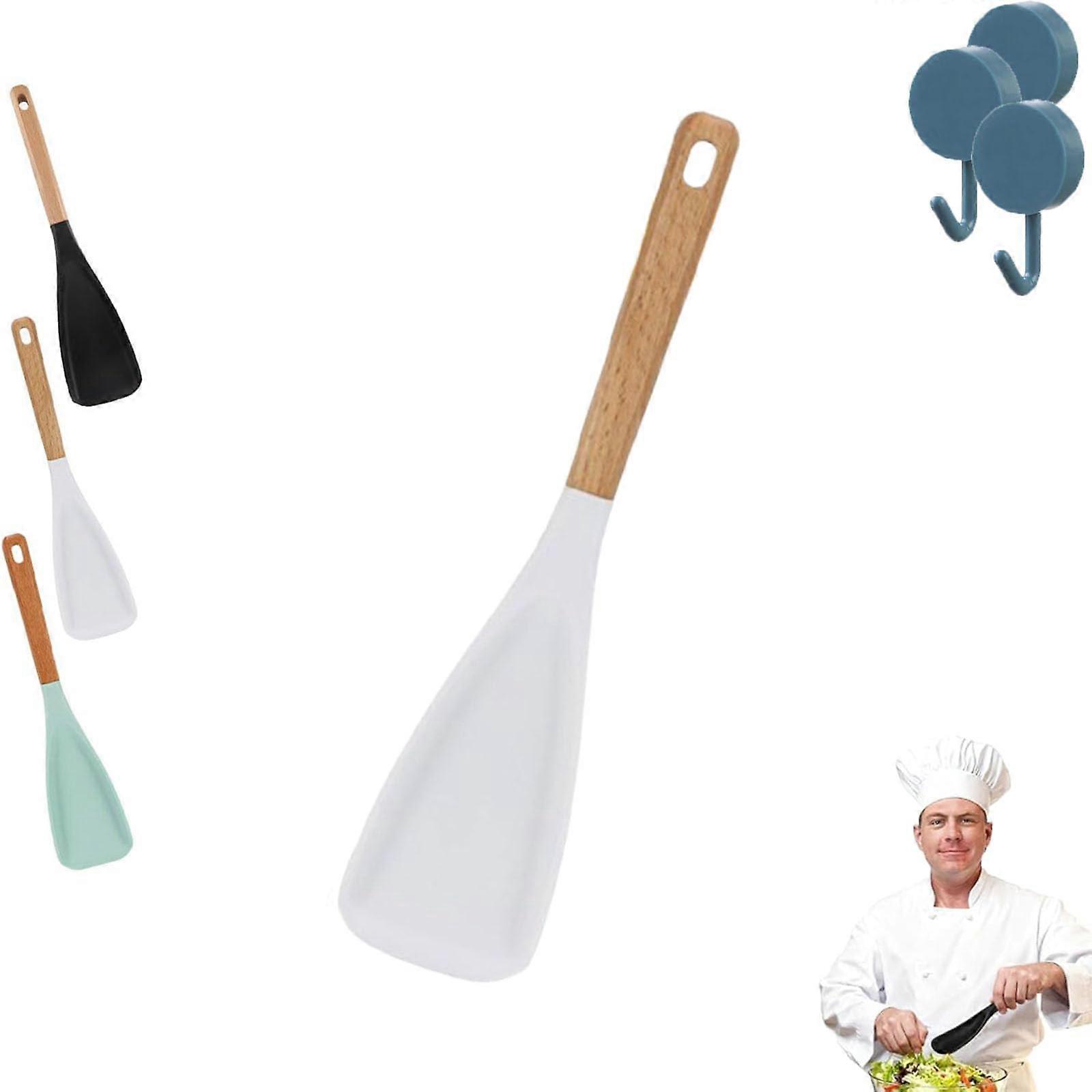 Silicone Cooking Spoon and Multifunction Spatula, 2 in 1 Heat Resistant 446°F Wooden Handle White