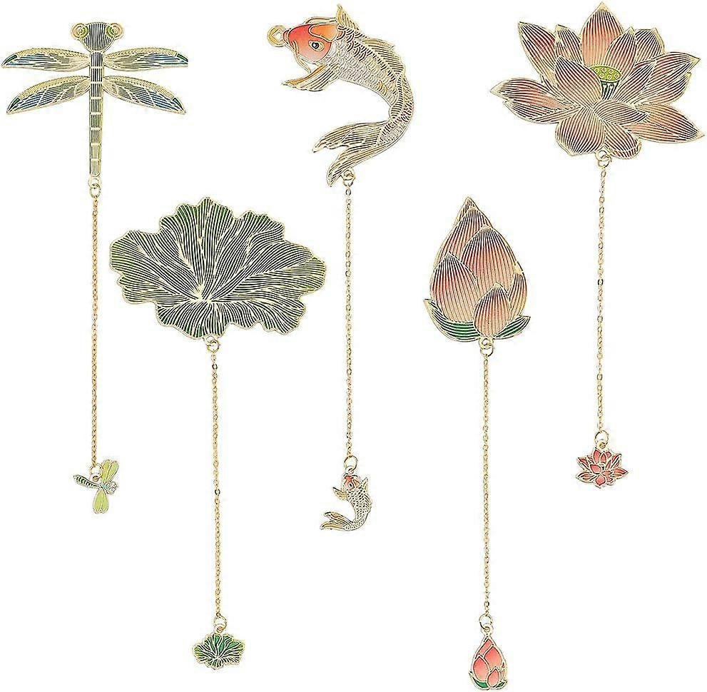 5pcs Chinese Style Bookmarks with Chains: Brass Metal Bookmarks with Lotus Dragonfly Fish Leaf Designs for Book Lovers