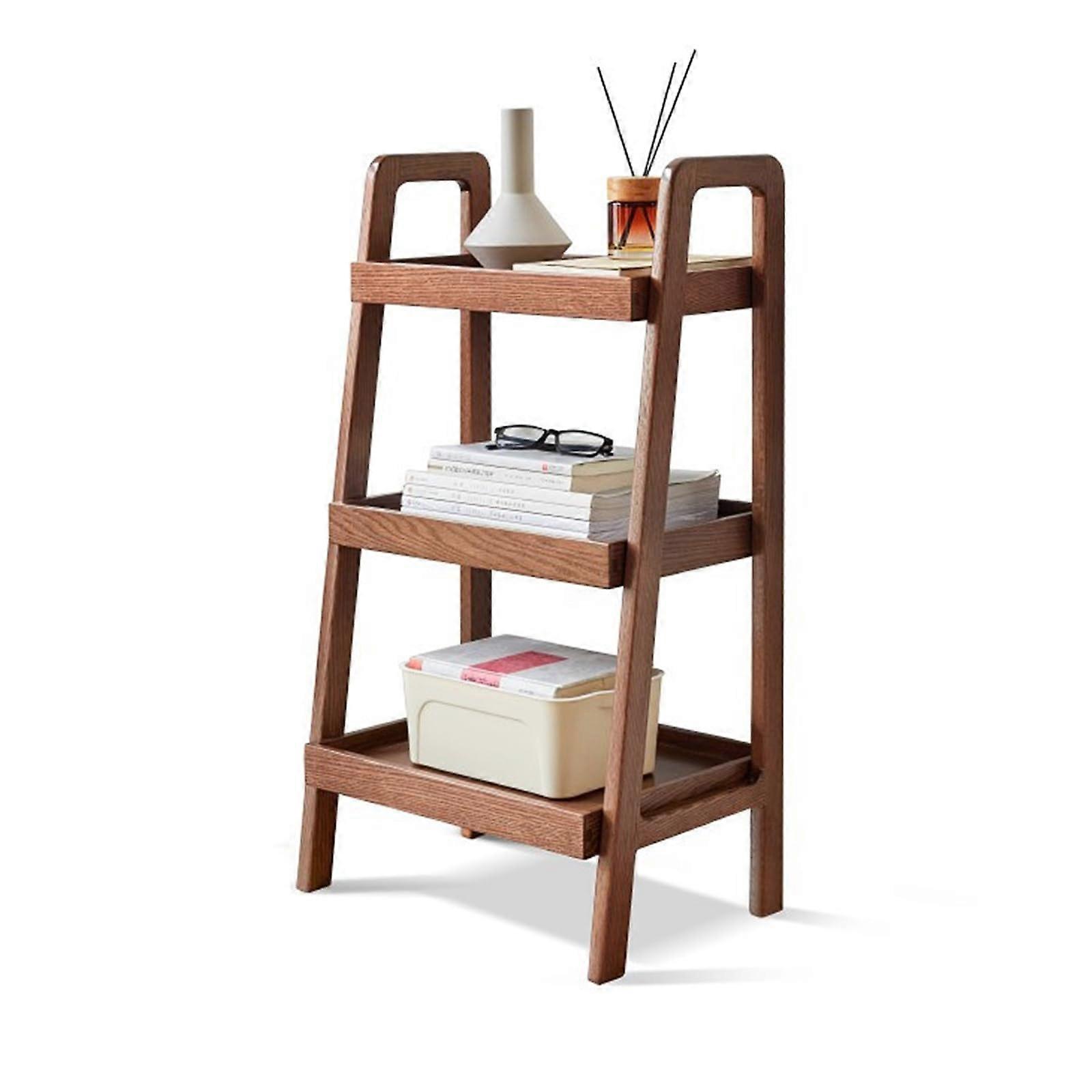 Solid Oak Ladder Bookshelf 3 Tier Wooden Ladder Shelf with Open Storage for Living Room Walnut