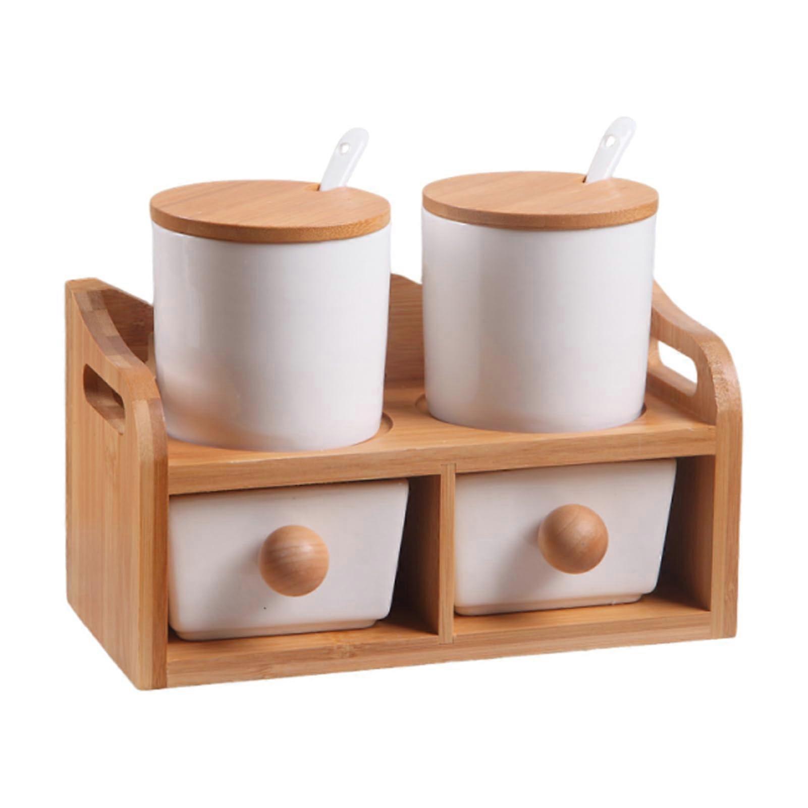 Wall Mounted Ceramic Spice Rack Organizer Set with Wooden Base, Two Tier Kitchen Storage Jars