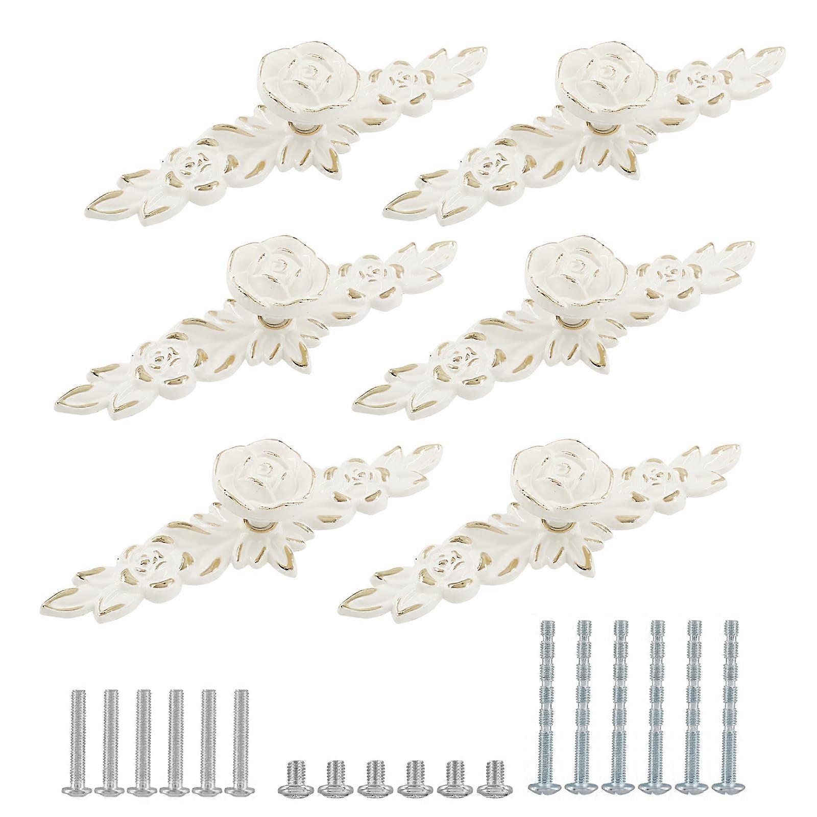 6 Pcs Vintage Rose Cabinet Pull Handles Ivory White Drawer Knobs Zinc Alloy for Kitchen Wardrobe