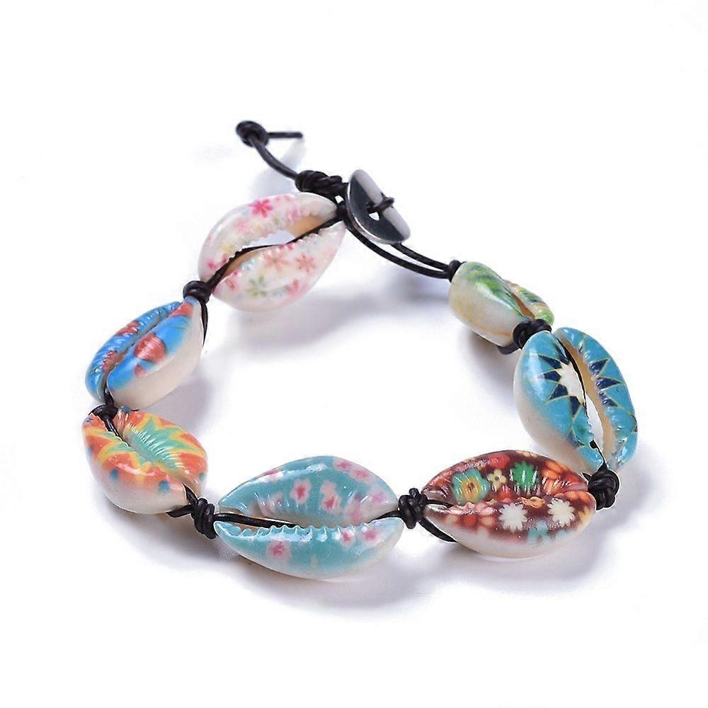Printed Cowrie Shell Bead Bracelets with Cowhide Leather Cord and 304 Stainless Steel Buttons Colorful 8-1/4 inch(21cm)