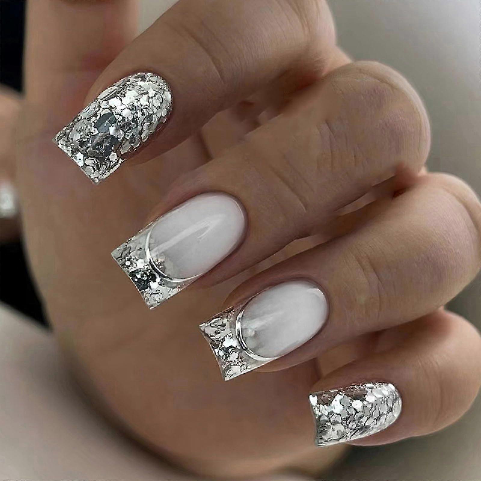 24Pcs Short Square Press On Nails with Adhesive Glitter Gradient Full Cover False Nails Kit