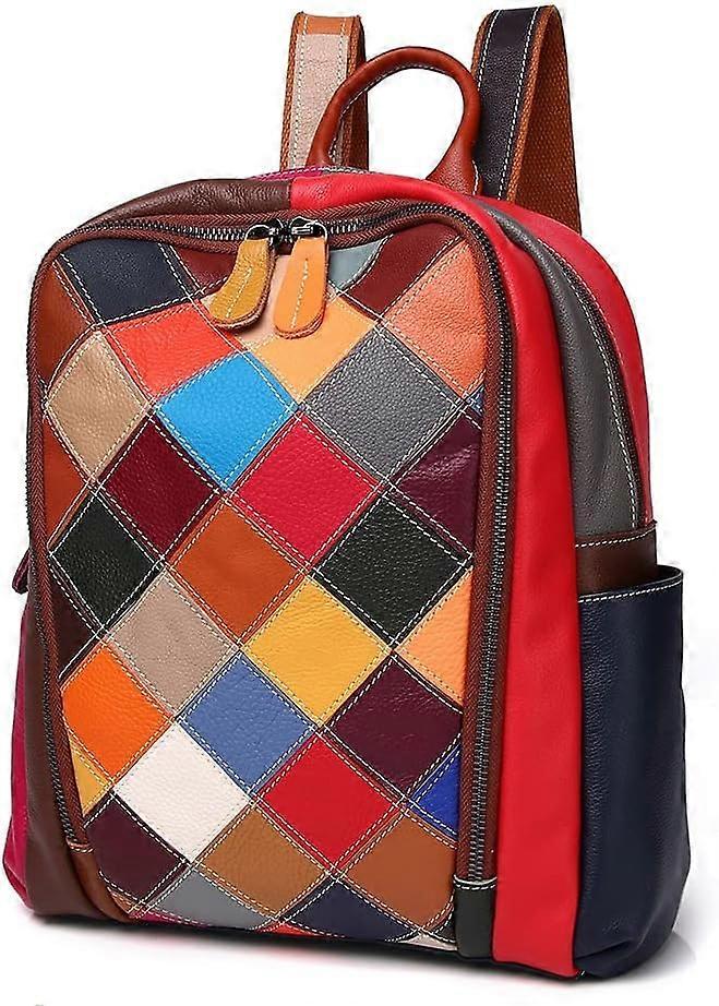 Leather Patchwork Backpack Colorful Handstitched Daypack with Adjustable Straps for Travel