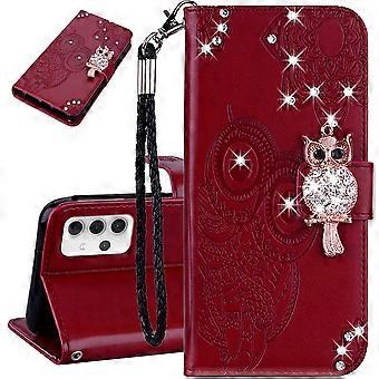 Wallet Case Leather Glitter Owl Design with Kickstand Magnetic Flip and Wrist Strap Red 6.1 Inch for iPhone 16