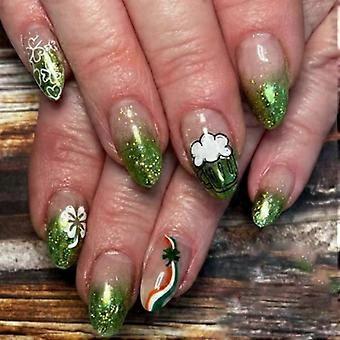 ABS plaknagels (24 stuks) versierd met groene glitters en een klavertje vier-motief voor een feestelijke look en geluk.