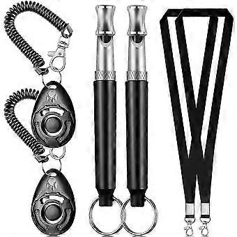 2 Dog Clicker Ratchets, Whistle To Stop Barking Pet Training, Tools With Wrist Strap And Lanyard (Black)