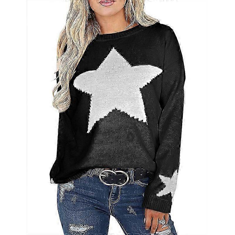 Damen Strickpullover mit Pentagrammmuster Langarm Locker