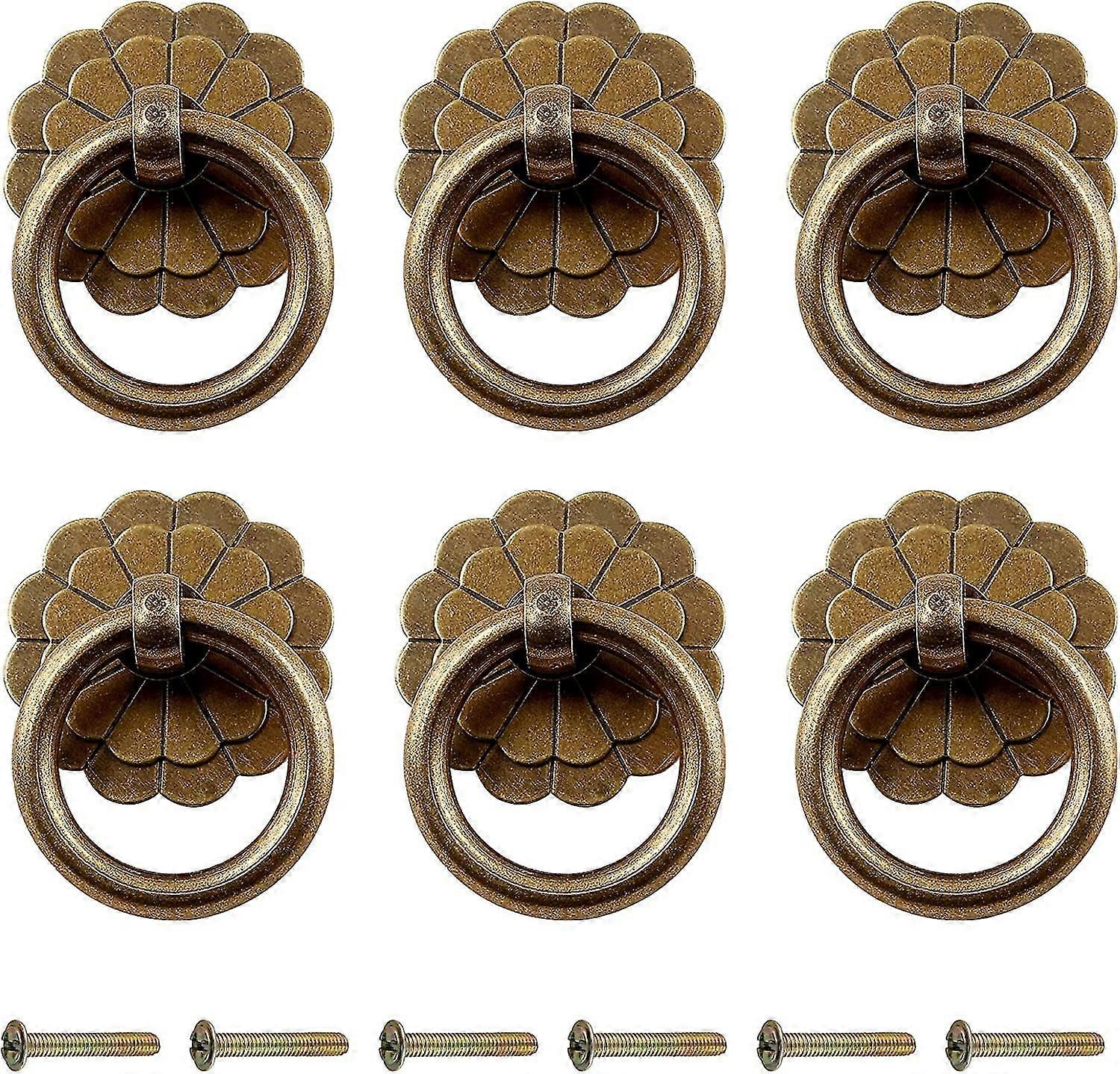 6pcs Antique Brass Ring Pulls Vintage Cabinet Small Ring Pulls Knobs Handles For Drawer Closet Cupboard