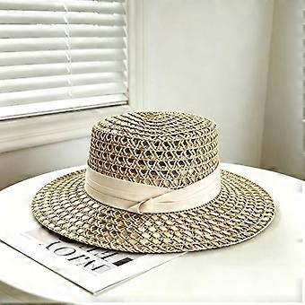 Handwoven Natural Straw Boater Hat Breathable Hollow Weave Black Ribbon Band For Summer Beach Vacation Sun Protection