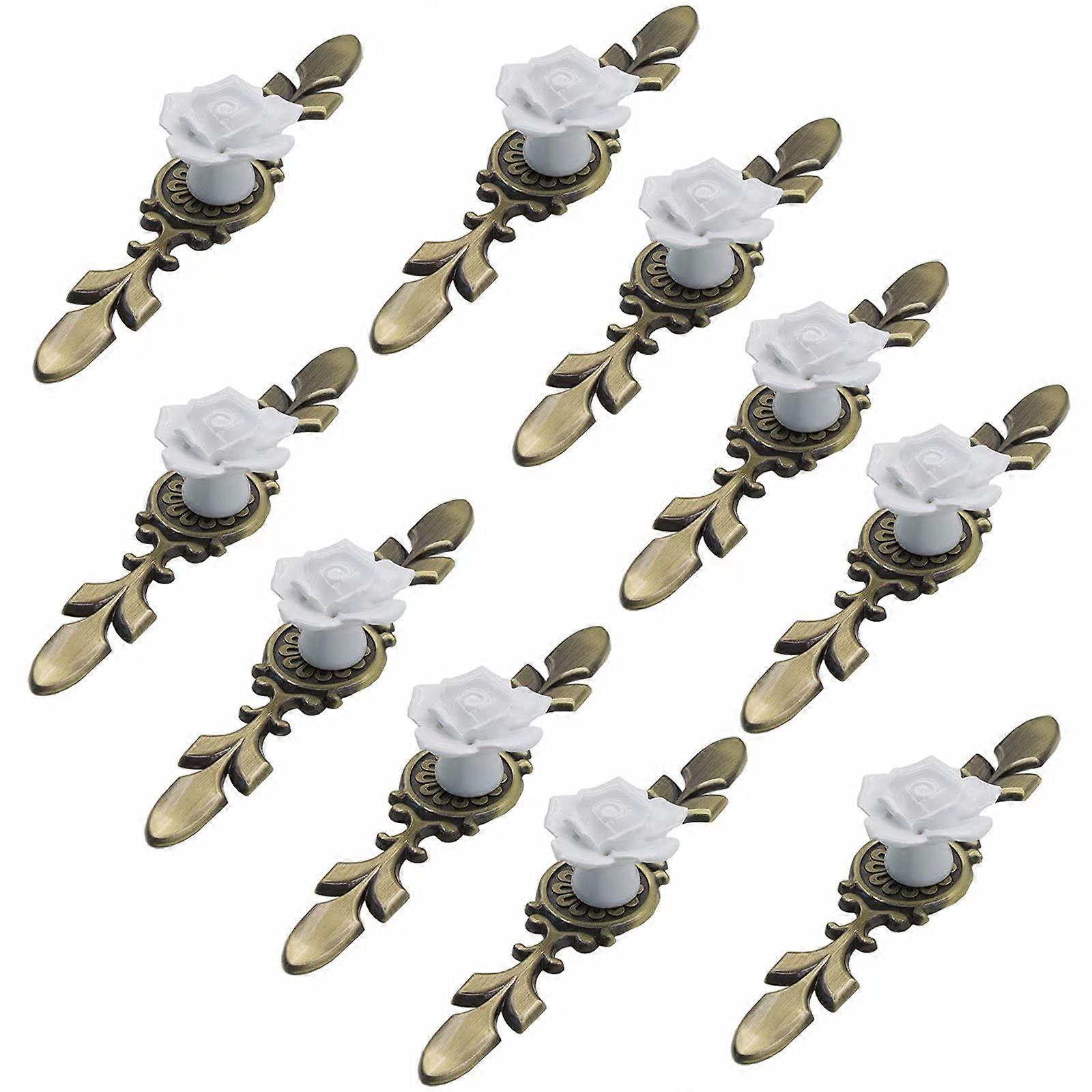 White Ceramic Rose Cabinet Knobs and Drawer Pulls, Vintage Style, 10Pcs, Durable Single Hole Design