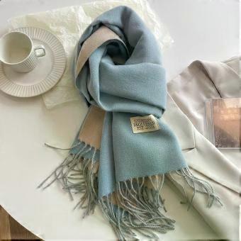 Women's luxury brand cashmere scarf, headscarf with pom-pom, shawl, cashmere scarf, small shawl - sky blue and beige [XR]