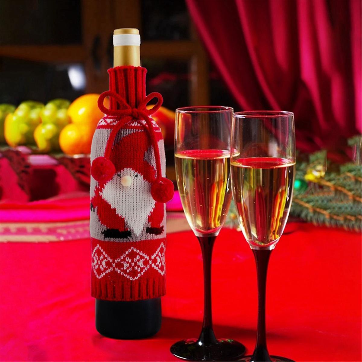 圣诞酒瓶袋,手工毛衣酒瓶盖,用于圣诞用餐装饰品