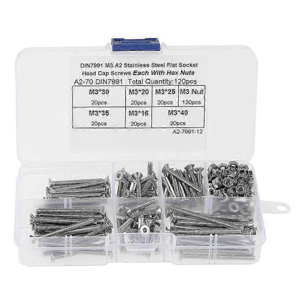 Stainless Steel M3 Hex Socket Flat Head Screws 120pcs Fasteners Set