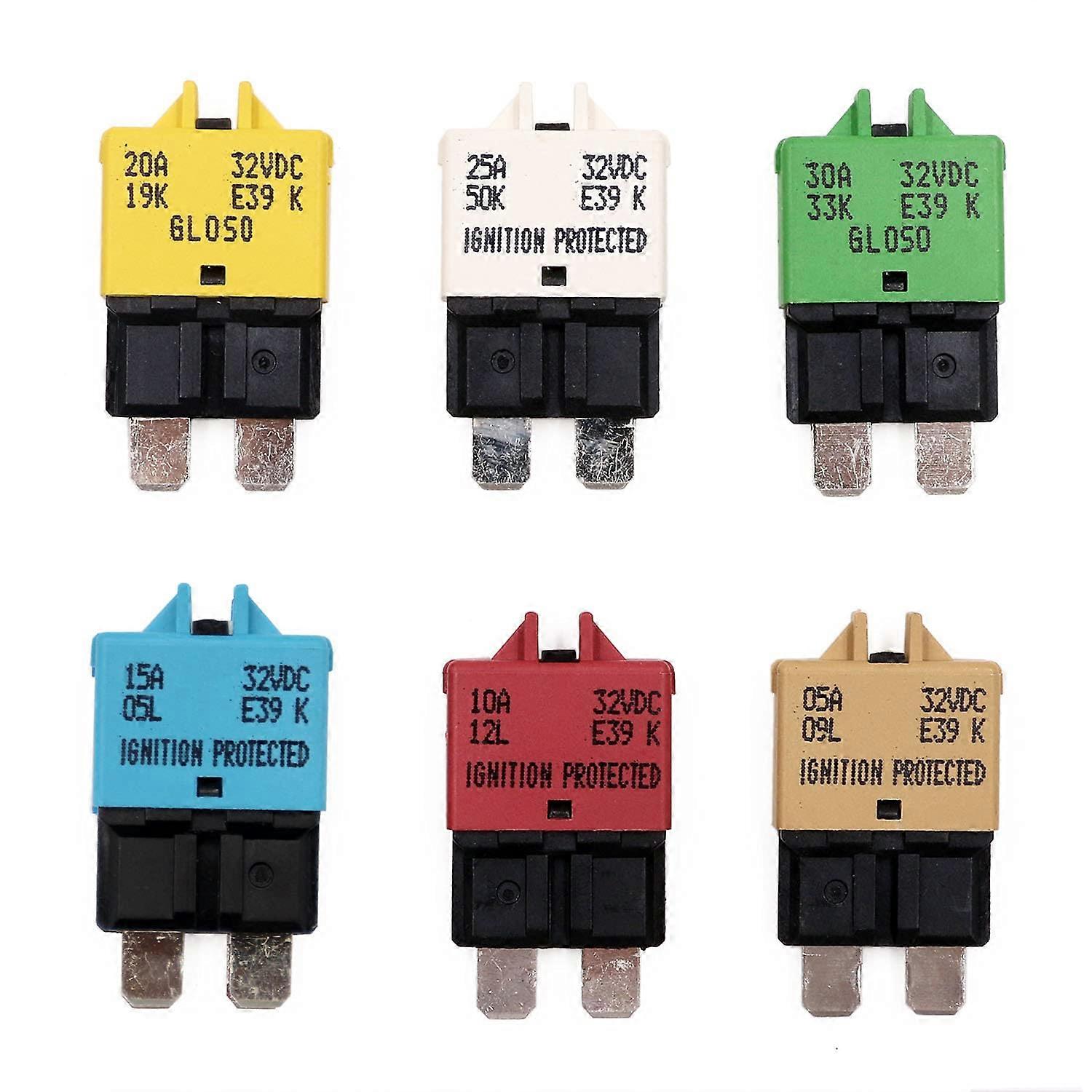 Pack of 6 low voltage 12 V - 32 VDC fuses, manual reset. Recoverable Fuse 5-30A Medium Manual Reset Circuit Breaker Fuse Car Overcurrent Protection Fu