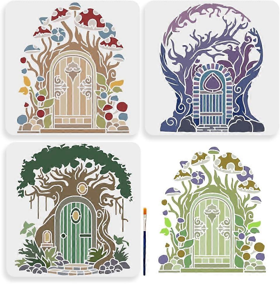 3pcs Tree Door Stencils 11.811.8inch Large Tree House Stencil with Paint Brush Reusable Mushroom Branch Tree of Life Drawing Stencils for Wood Canvas 