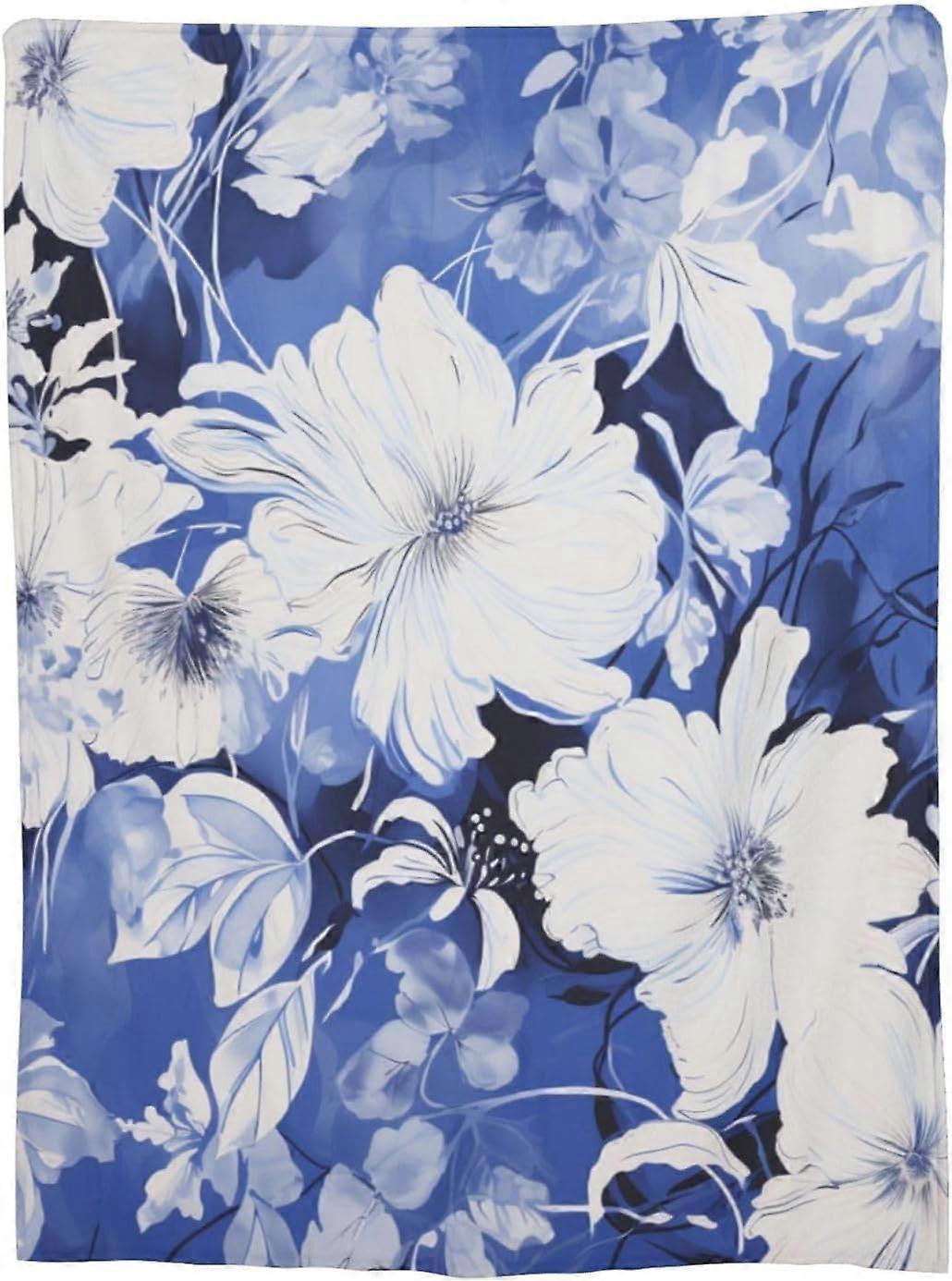WSYKC Modrá a šedá barevná deka s květinovým vzorem Ultra měkká flanelová přikrývka Povlečení Dekorační deky Ručníková deka na pohovkové deky 125cmX100c