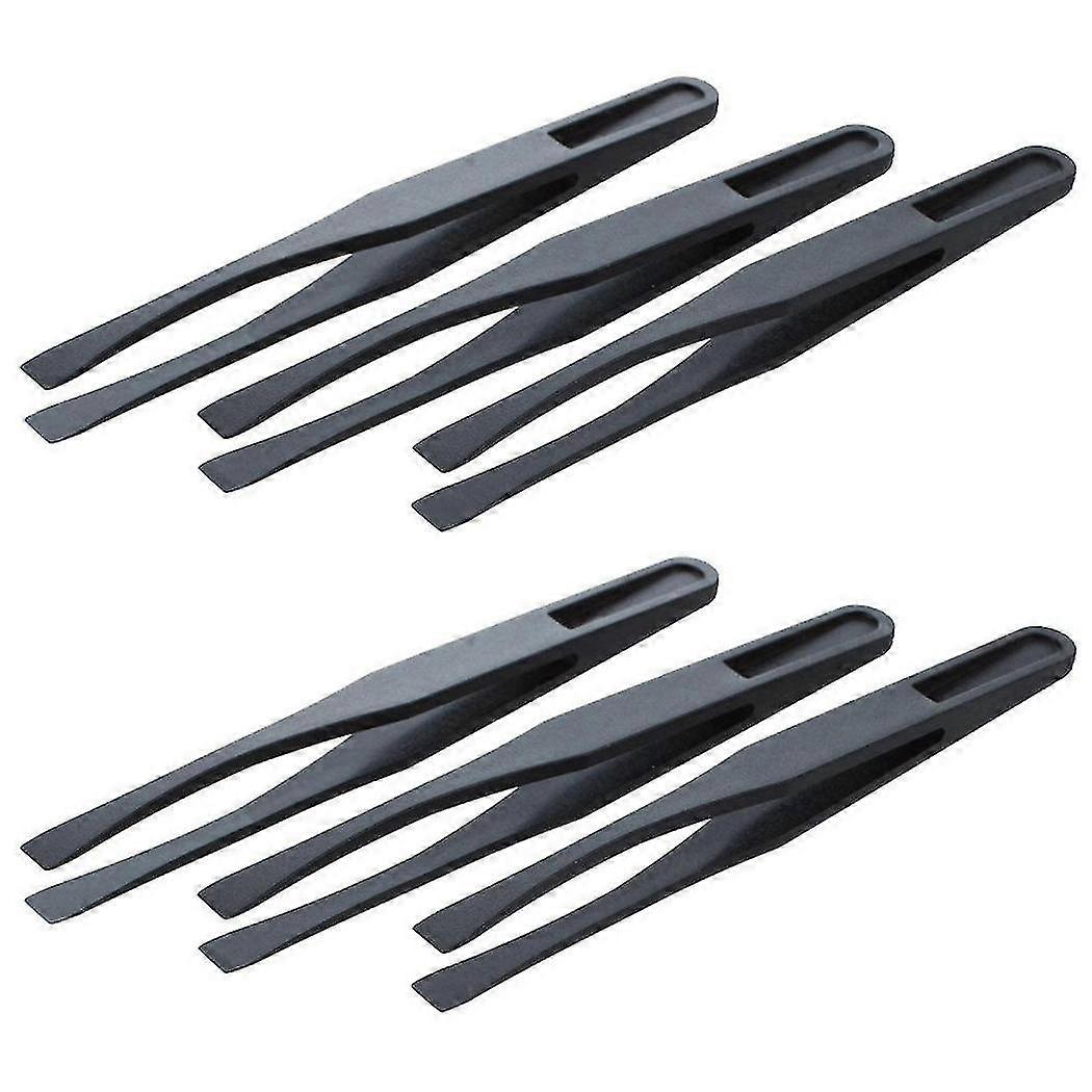 115mm Long Flat Tip Black Plastic Anti-static Tweezers 6 Pcs