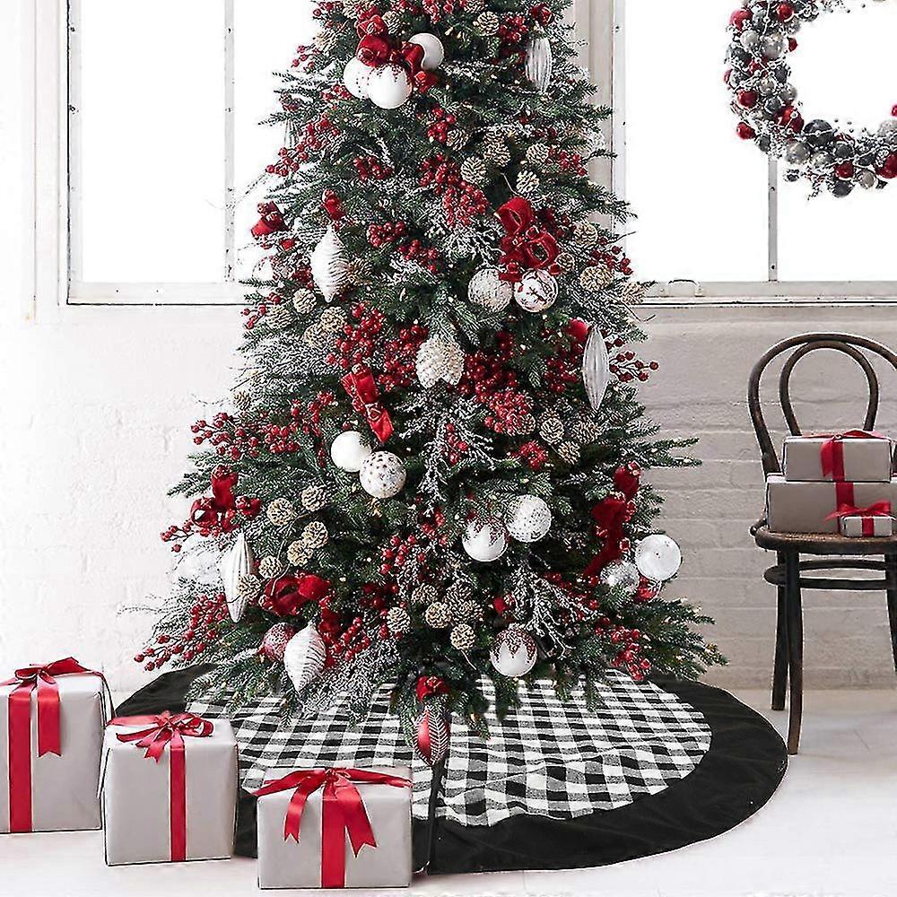 Wabjtam Christmas Tree Skirt White And Black Buffalo Check Plaid Tree Skirt Snowflake Design, 47inch Double Layer Farmhouse Rustic