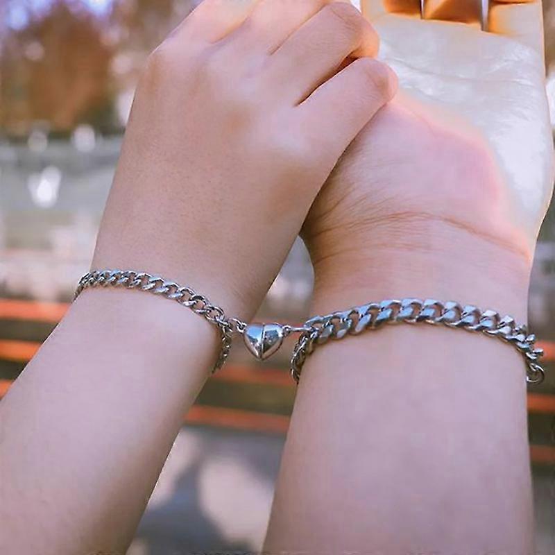 2 Pcs Magnetic Couple Bracelet Matching Heart Bracelets Cuban Stainless Steel Link Chain Bracelet Promise Bracelets