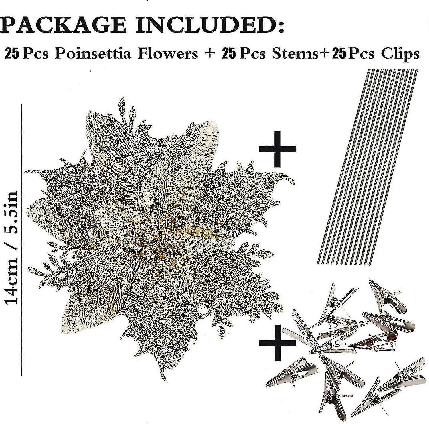 25 Pcs 14cm 5.5in Glitter Gold Glitter Poinsettia Artificial Christmas Flowers With Clips And Stems Glitter Christmas Tree Ornaments For Xmas Weddin--