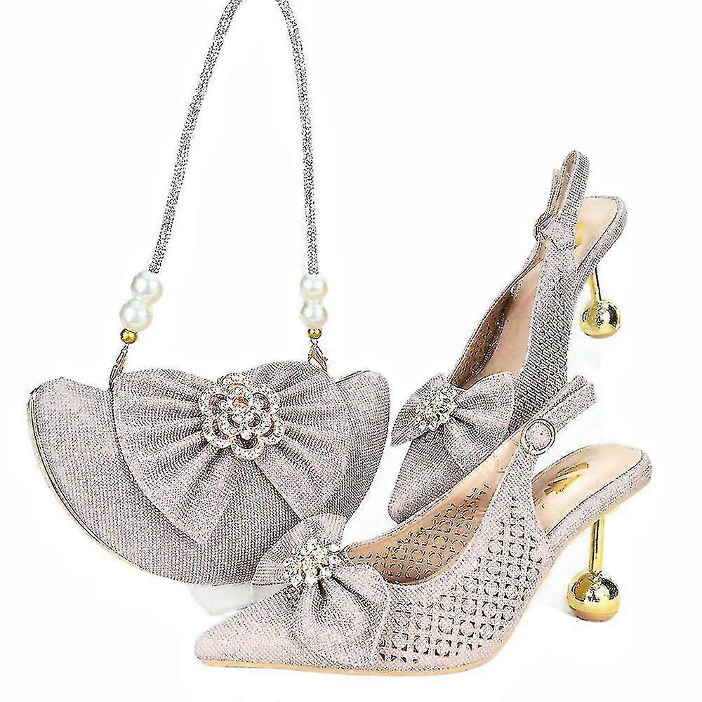 Italian Design Shoe And Bag Set High Quality Handmade Half-Moon Bowknot Shoe Matching Hand Bag - A S