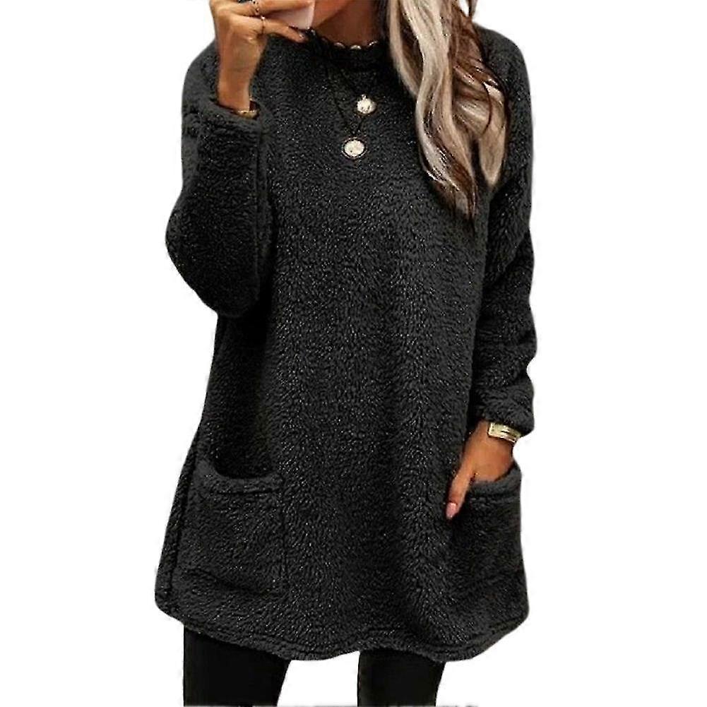 Women's Sweatshirt Long Sleeve With 2 Pockets Solid Color Outwear Winter Thick Pullover Plain Sweater