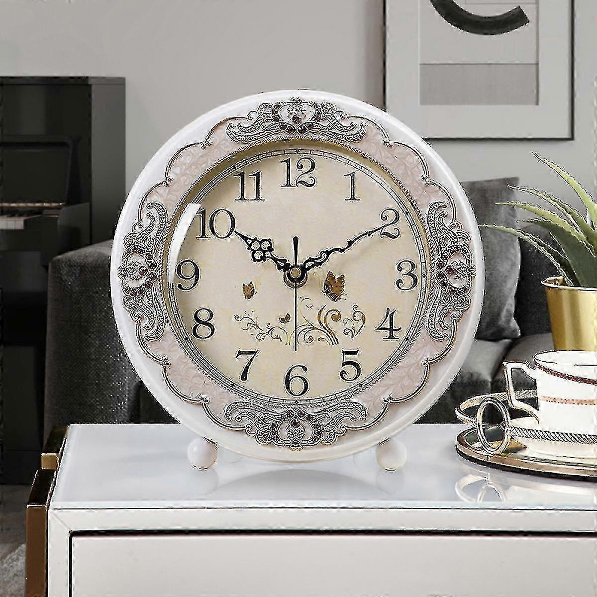 Vintage Table Clock, Retro Non-ticking European Style Beside Mantle Desk Clock Battery Operated Silent Quartz Movement For Bedroom (white)