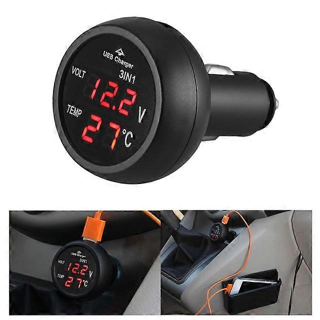 3 in 1 12/24V Car Volt Meter Auto LED Digital Voltmeter Gauge Thermometer Car Cigarette Lighter USB Charger for Phone Tablet
