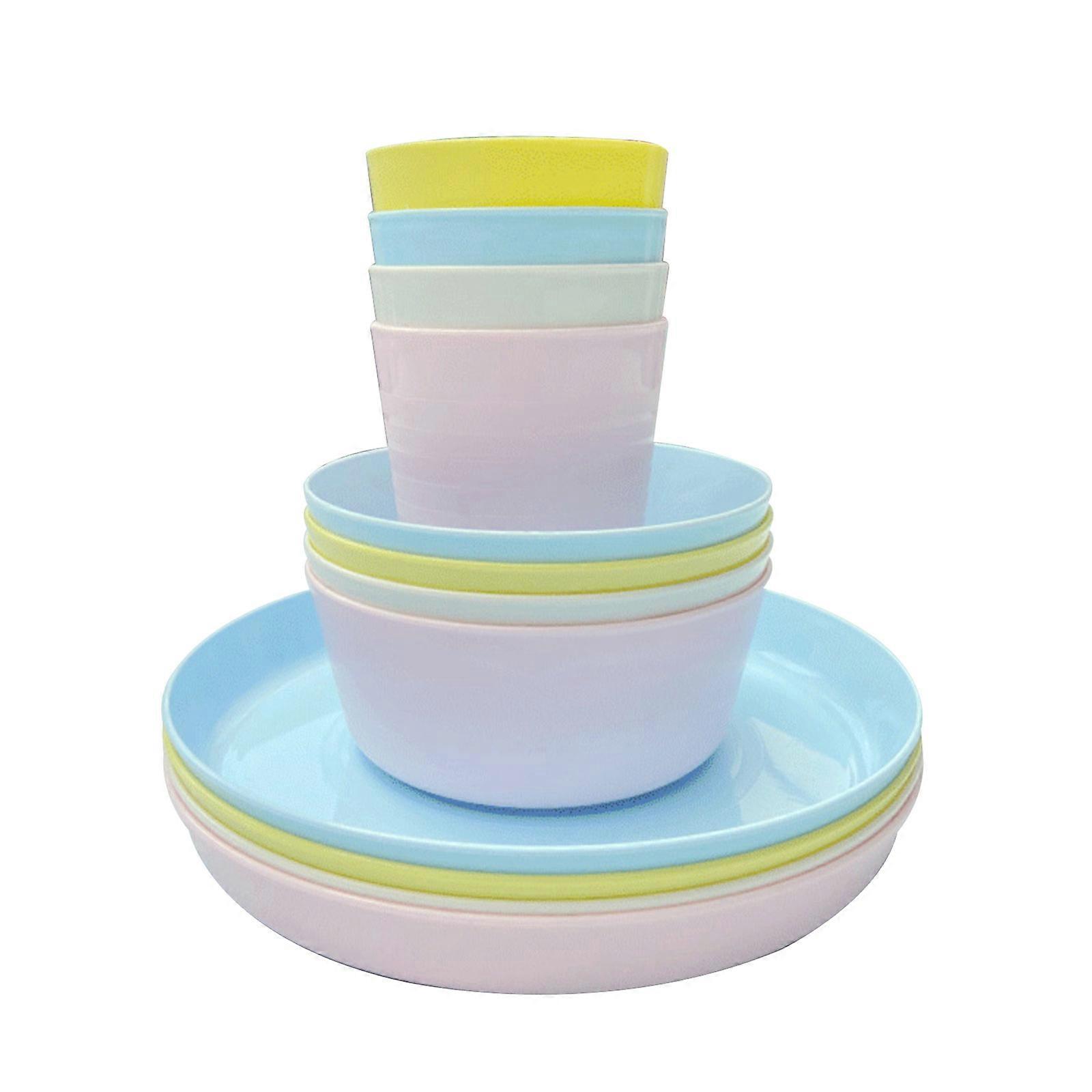 12 Pieces Plastic Kitchenware Set Dinnerware Unbreakable Bowls Plates Cups Set