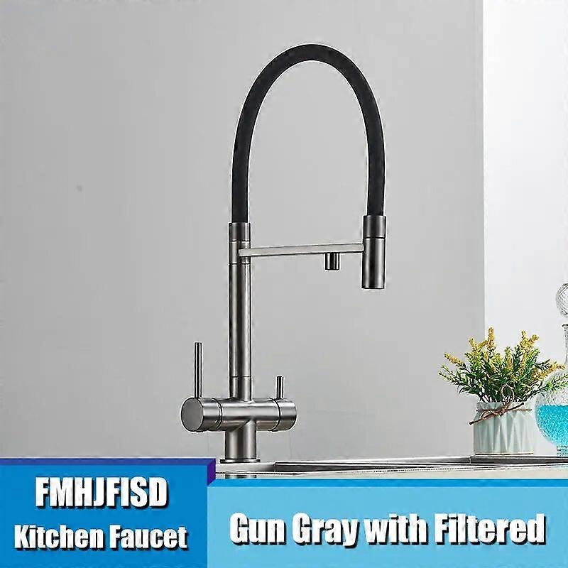 Filtered Water Kitchen Faucet Black Pull Down Flexible Sprayer Brass 360 Swivel Purification Pure Water Mixer Tap 3 Way Faucet