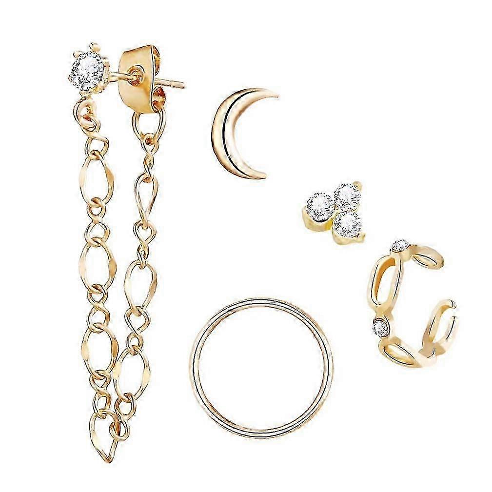 5pcs Earrings Set Moon Full Diamond Chain Golden Earrings for Party