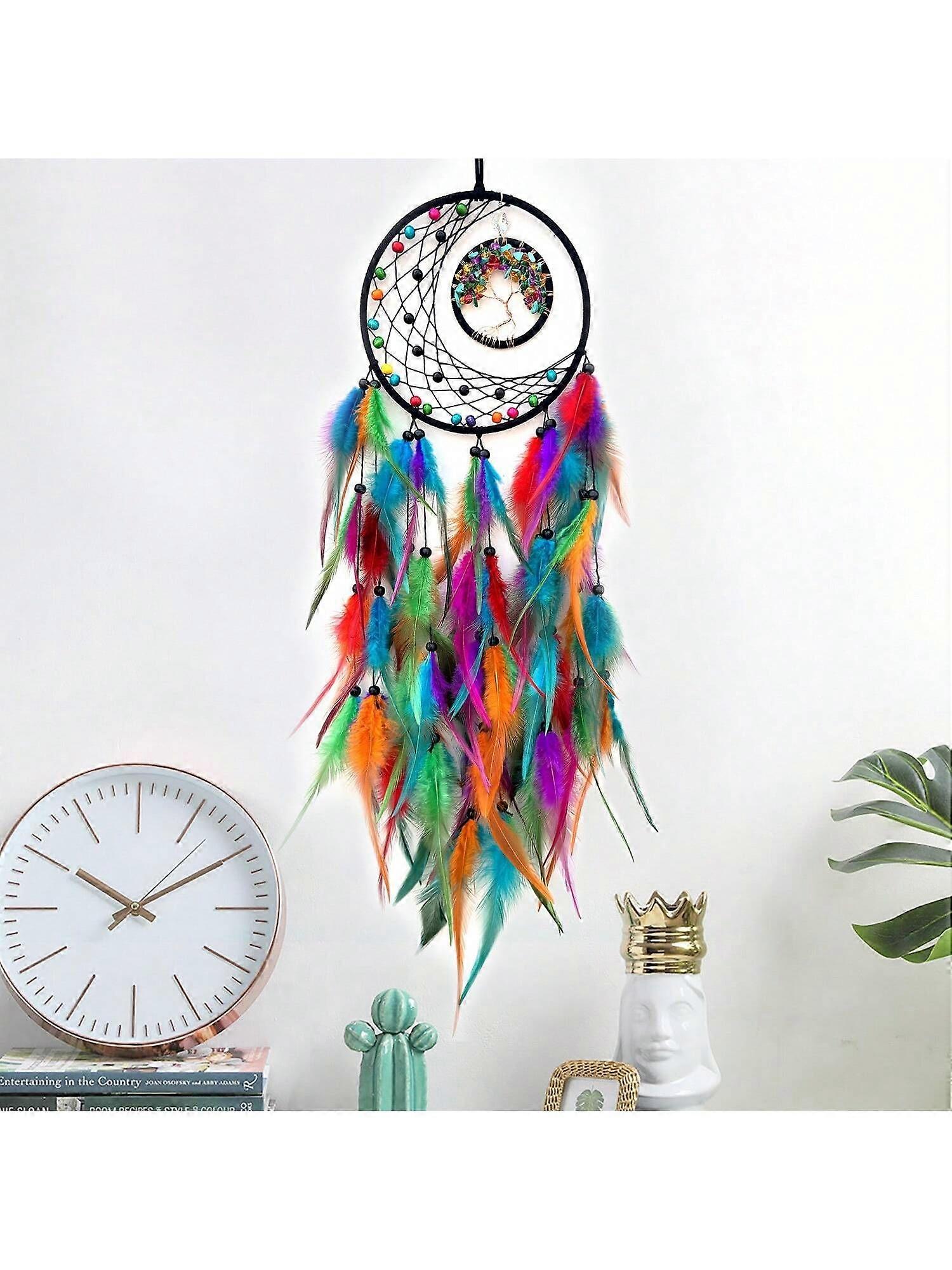 1pc Handmade Woven Dream Catcher Wall Decor, Feather Hanging Ornament, Nordic Style Nature Tree Of Life Room Decoration