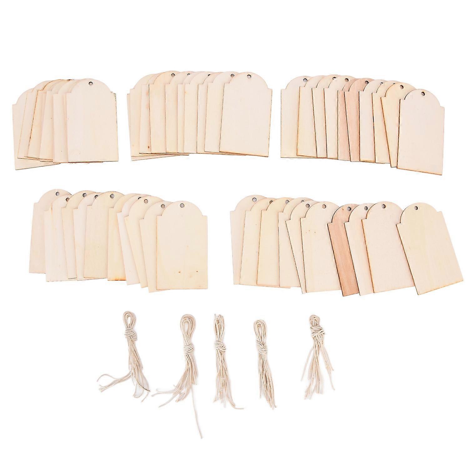 50pcs Wood Pieces DIY Natural Rustic Unfinished Wood with Hemp Rope for Handicraft Bookmarks Gift La