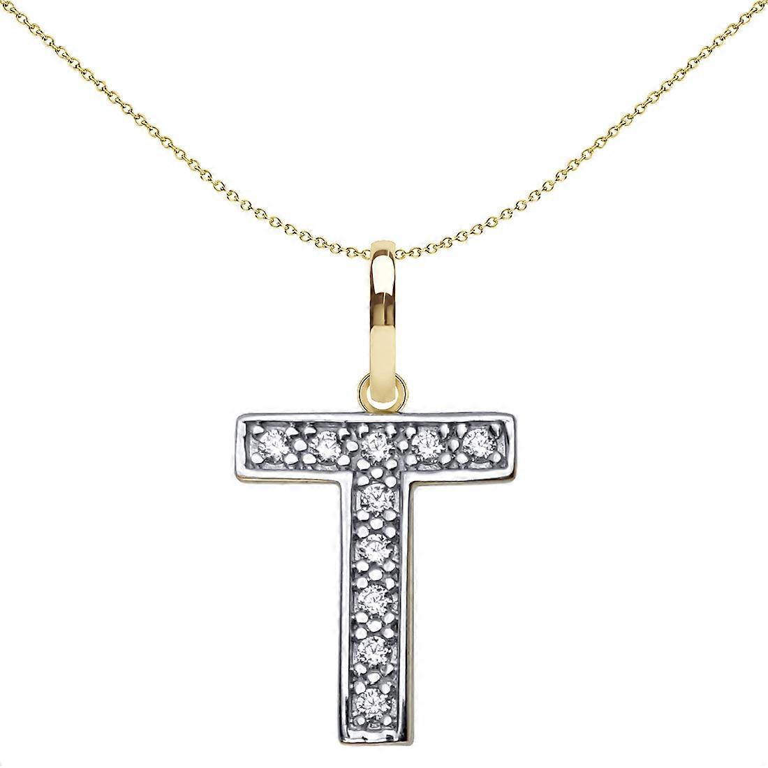 Jewelco London Solid 9ct Yellow and White Gold Cubic Zirconia 15mm San Serif Block Font Initial Charm Pendant, Letter T