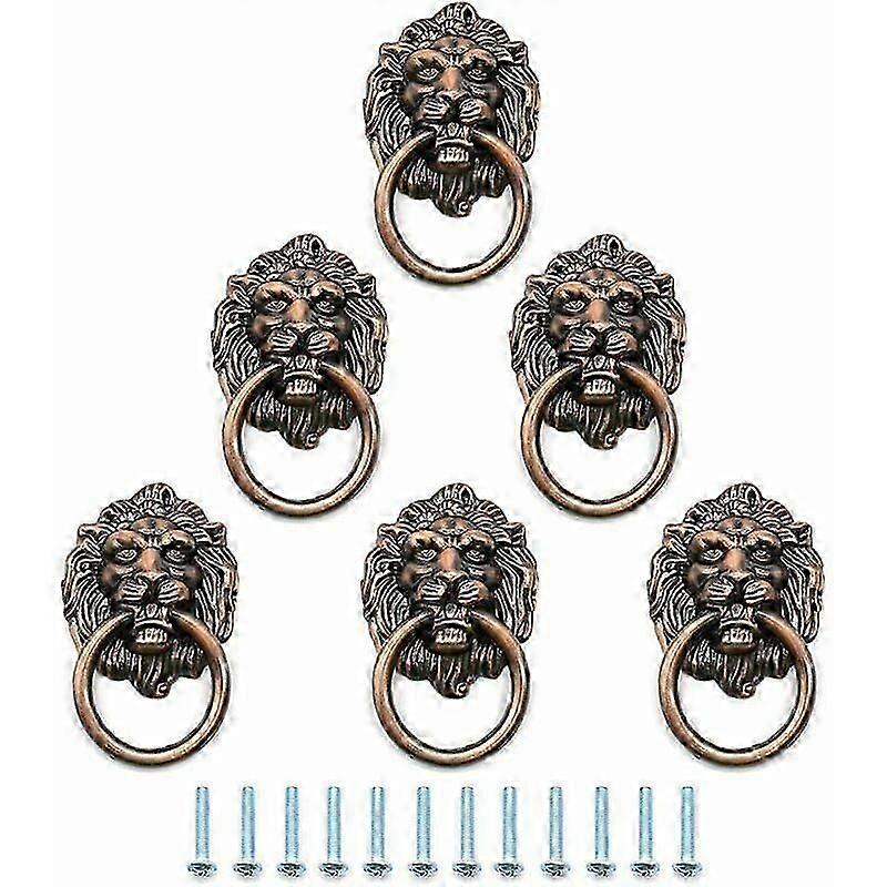 6PCS Antique Bronze Lion Drawer Pulls, Vintage Knobs with Rings
