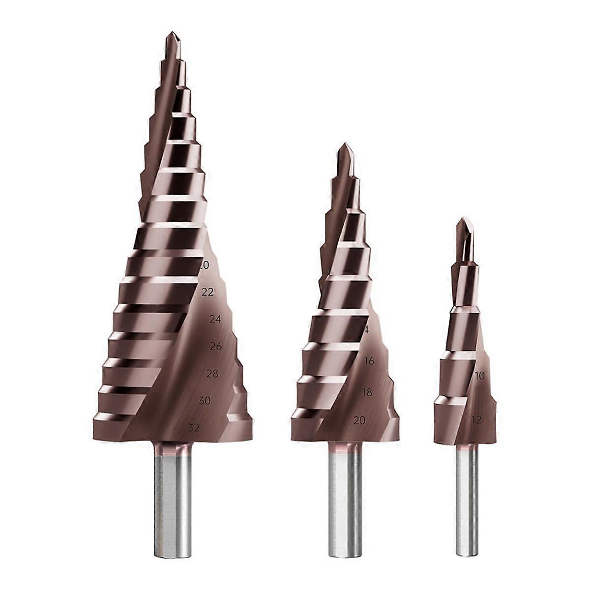 Step Drill Bit Set, 3Pcs Titanium Step Drill Bits, Metric 4mm to 32mm Drill Cone Bits for Metal, Wo