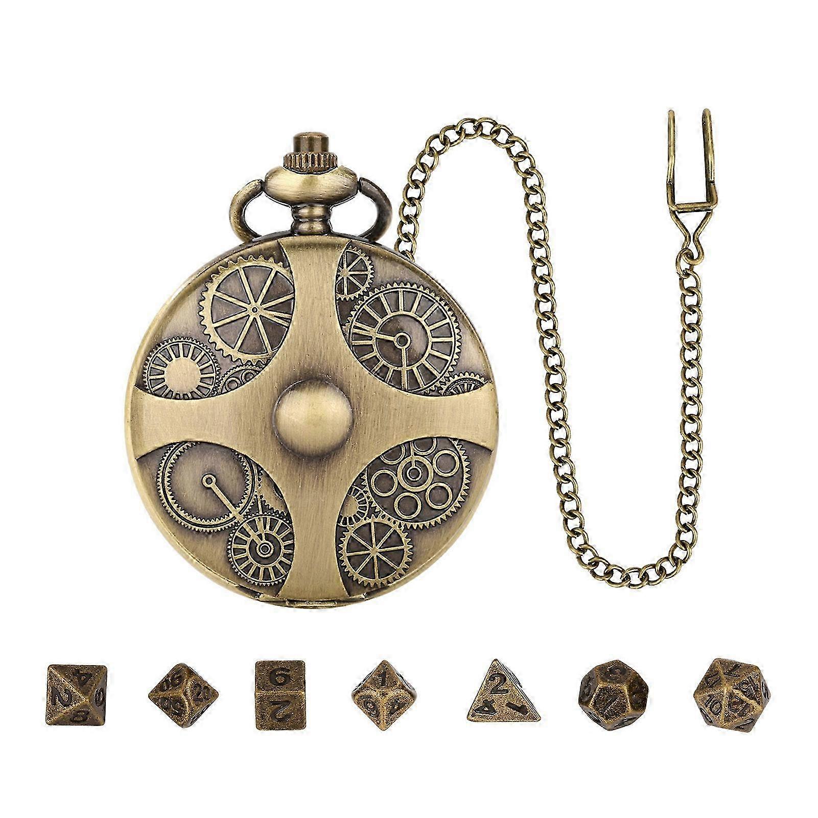 Steampunk-Inspired Metal Gear Pocket Watch Dice Set for D&D Role-Playing and Board Game Enthusiasts
