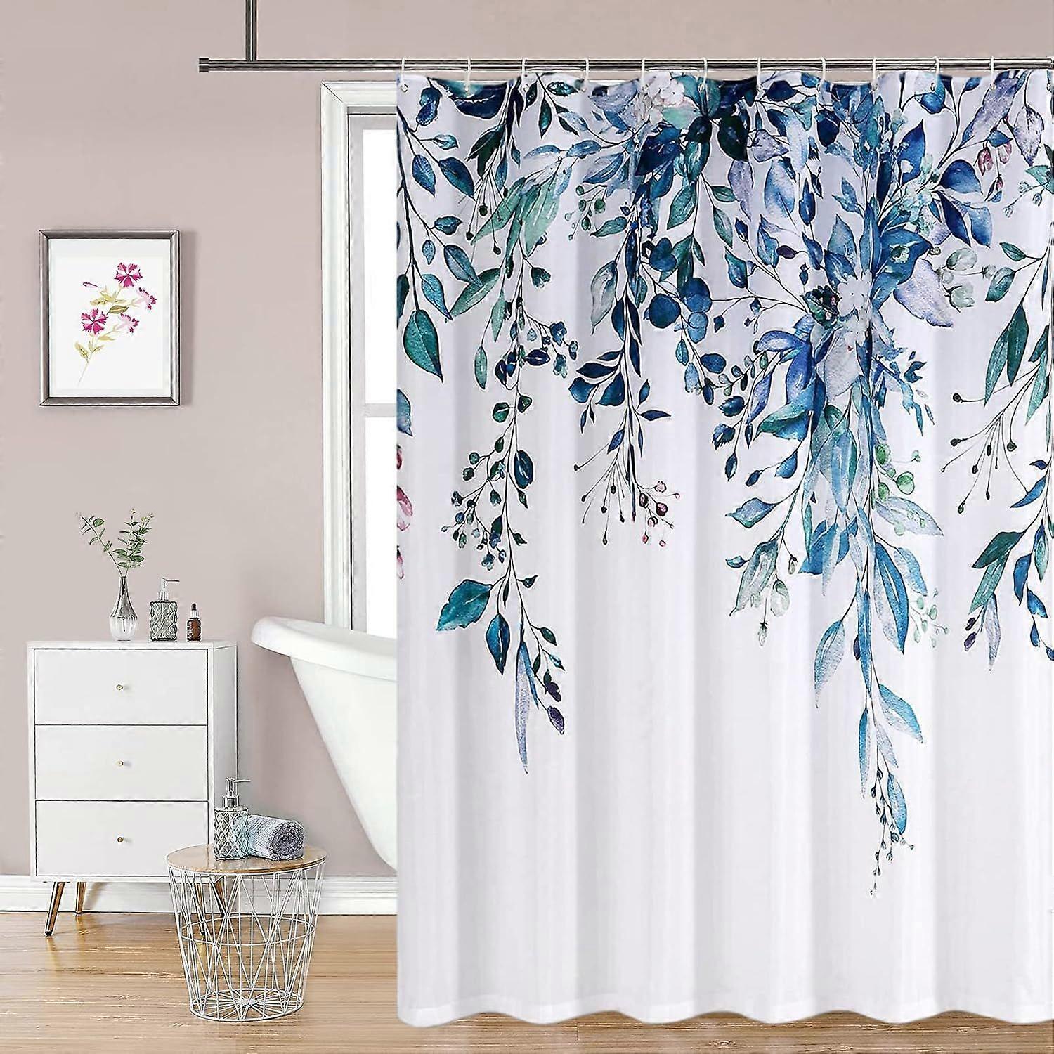 Shower Curtain with 12 Flower Hooks Floral Shower Curtain, Shower Curtains, Machine Washable, Quick Drying, 150x180cm for Bathtub (Blue)