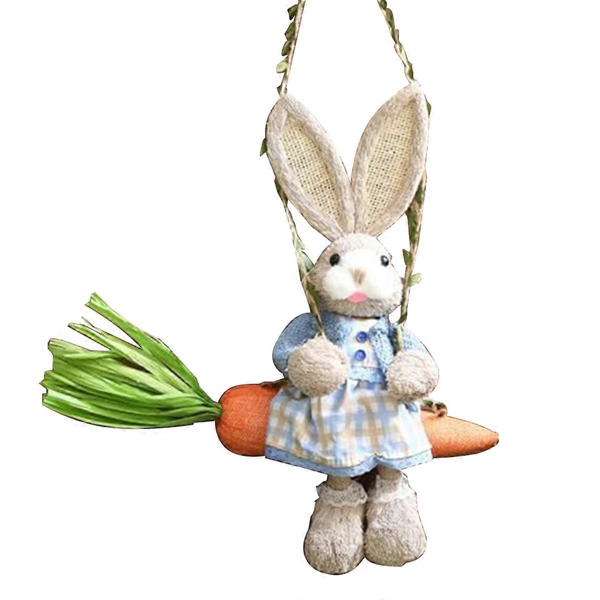 Easter Straw Bunny Figurine, Straw Rabbit on Carrot Swing, A