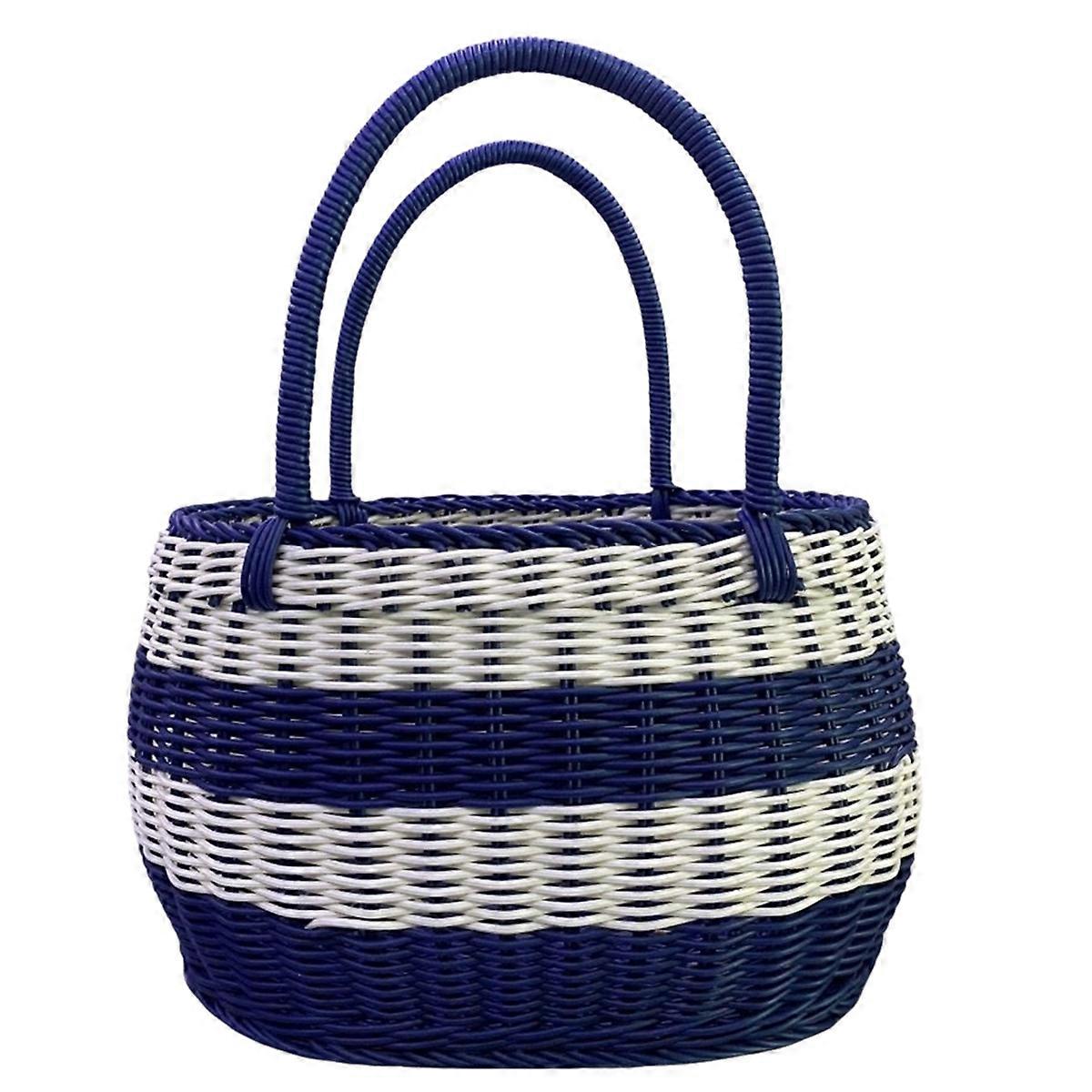 Large Blue And White Outdoor Picnic Basket, Shopping Basket