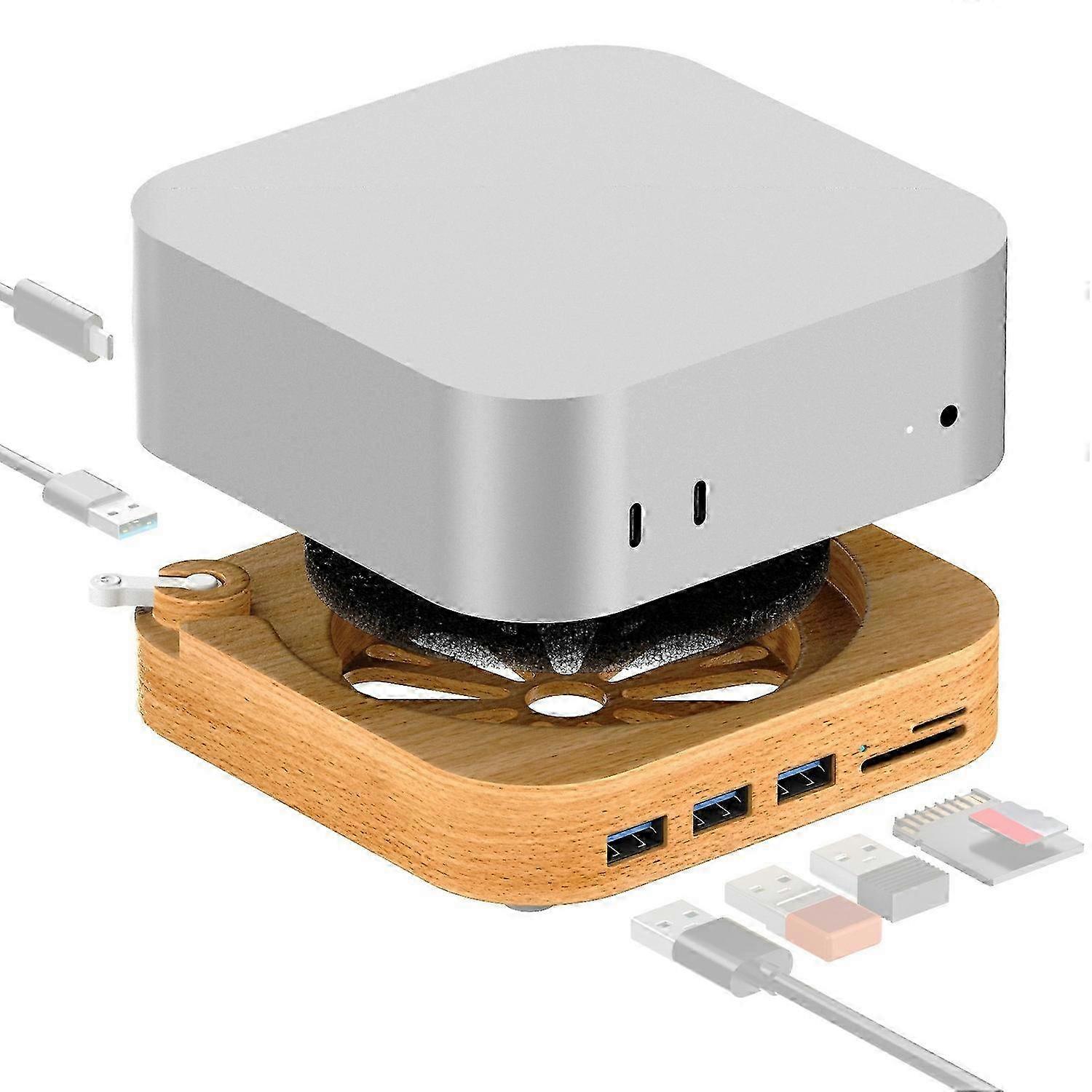 Wooden Expansion Dock for Mac Mini M4/M4 Pro with USB 3.0 Hub TF/SD Card Reader and Anti-Dust Stand
