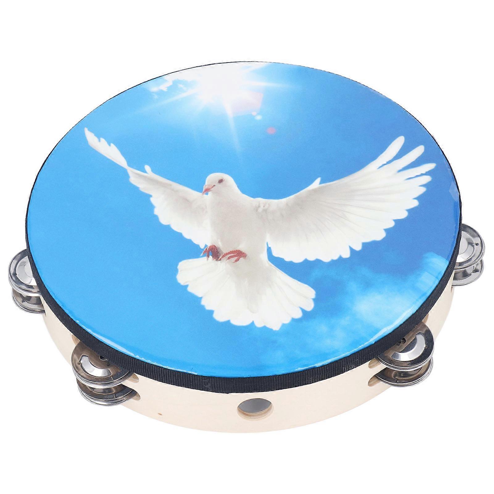 10 Inch Hand Held Tambourine, Double Row Stainless Steel Bells, Percussion Toy for Adults and Kids, Sky Dove