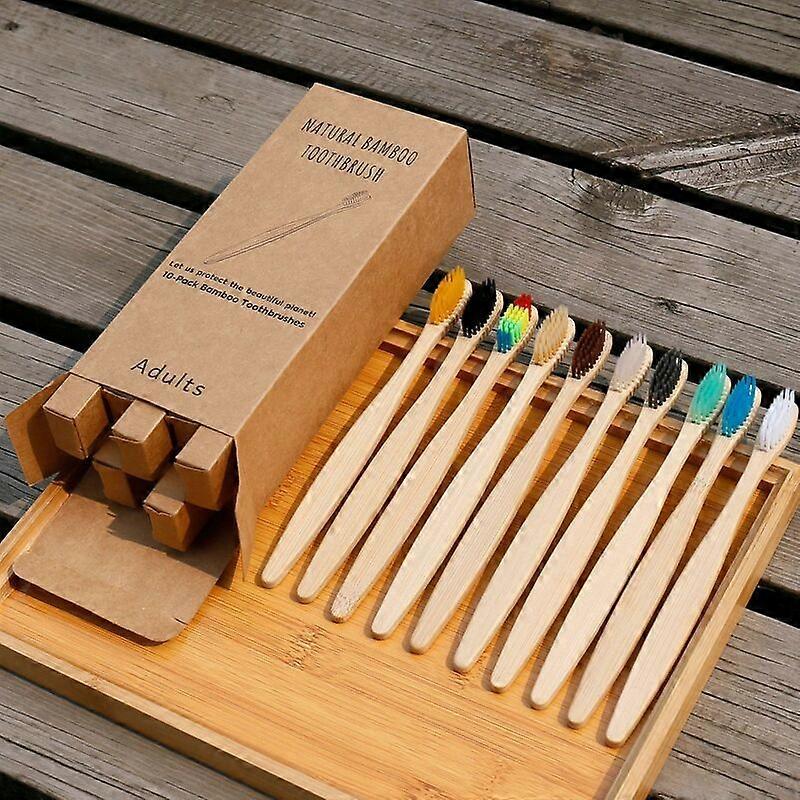 Set of 10 Bamboo Toothbrushes, 10 Colors Bamboo Toothbrush, Natural Soft Bristles, Ecological and Biodegradable