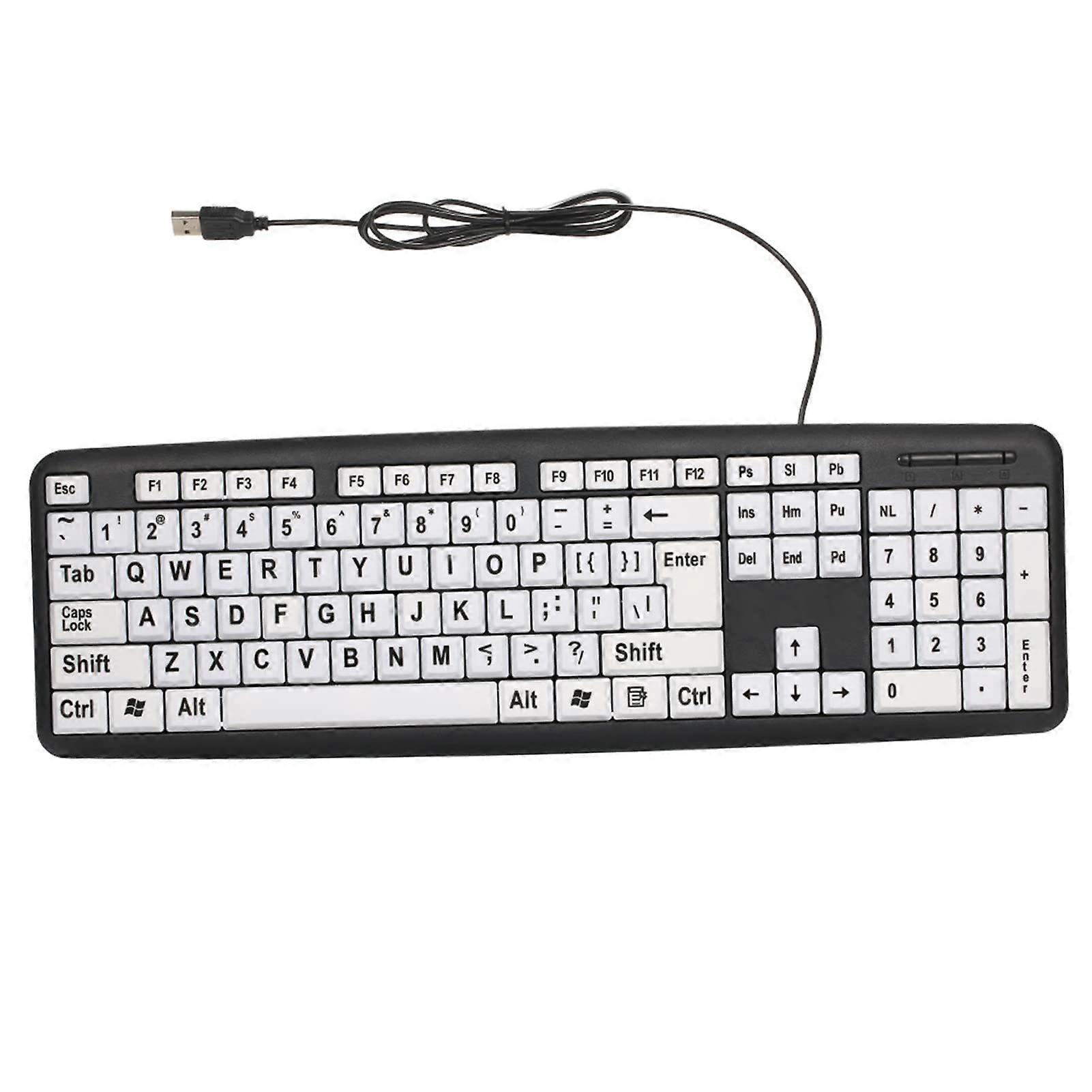 Large Print Computer Keyboard Wired USB with White Keys and Black Letters for Visually Impaired Users, Ergonomic Design