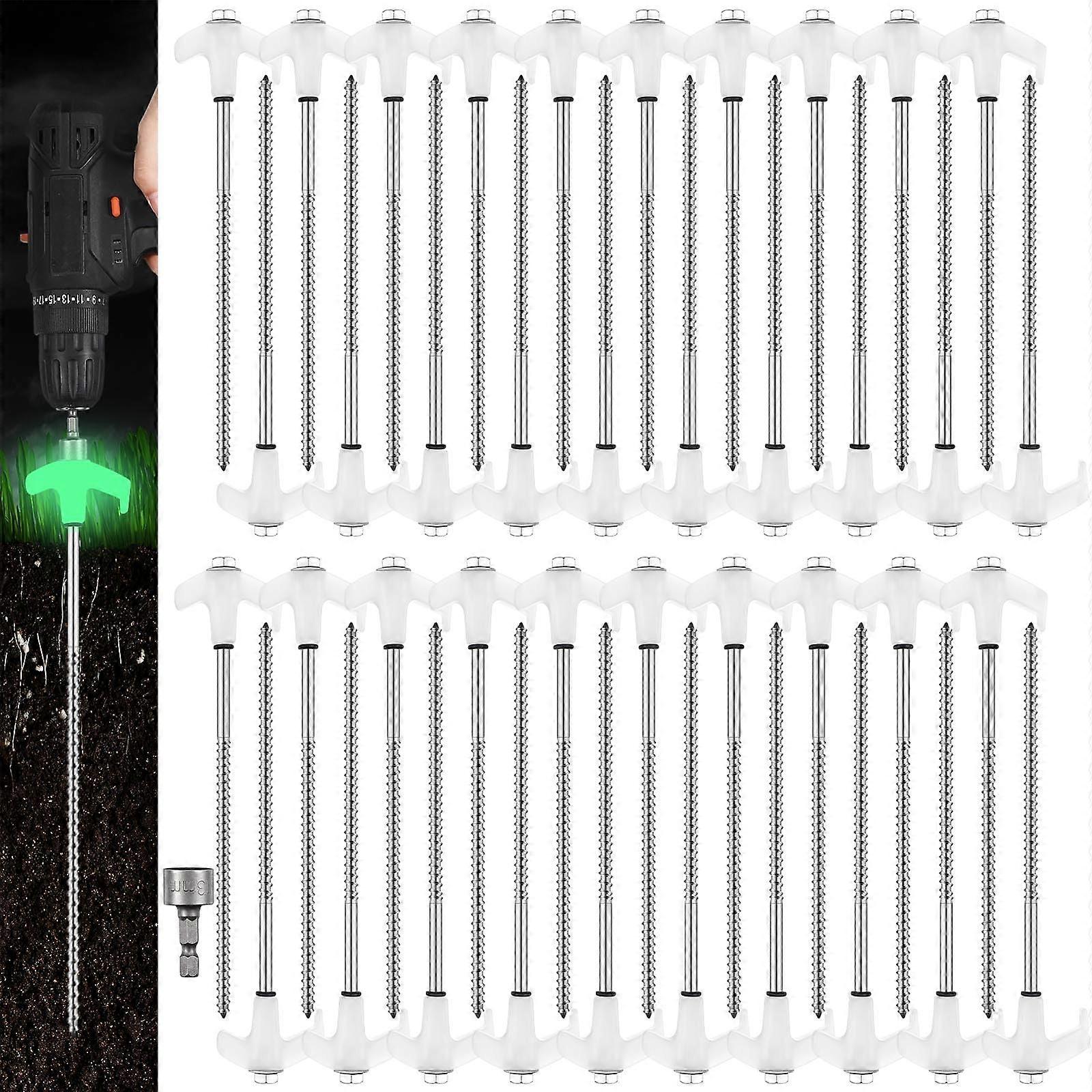 8" Screw in Tent Stakes Heavy Duty Metal Ground Stakes for Camping and Inflatables, 40 Pcs Luminous White with Hex Head Driver