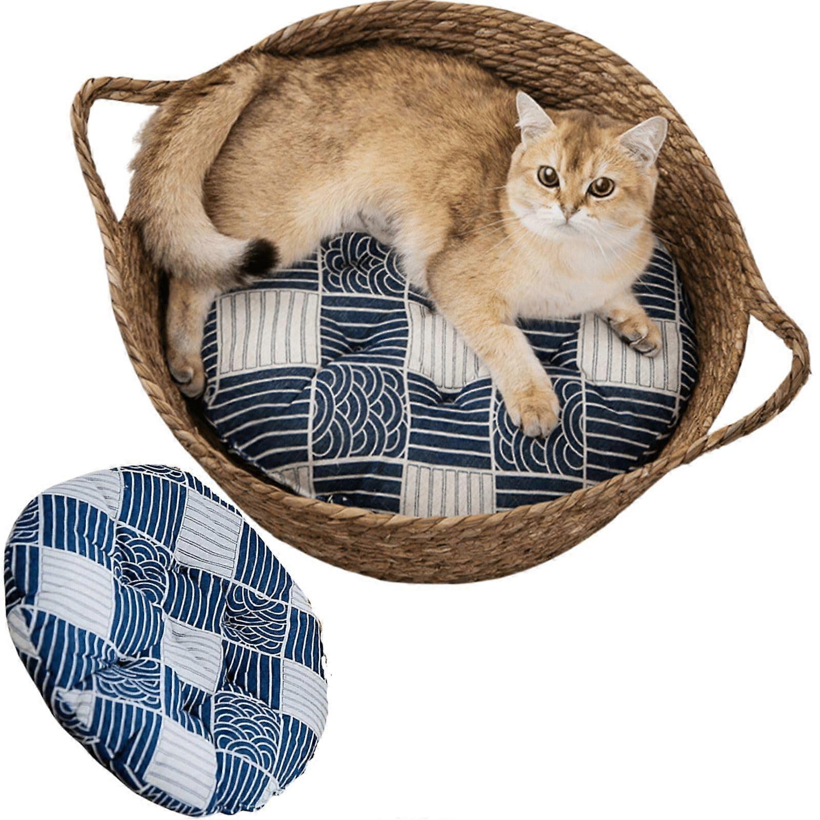 Cat Bed, Straw Woven Cat Baskets Bed, Round Wicker Cat Basket Nest, NonSlip Cozy Kitten Bed for Cats Small Dog (with Cushion,Medium)